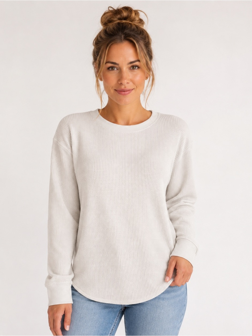 Uniqlo Cream Waffle Knit Long Sleeve Top Women’s Small Cotton Blend